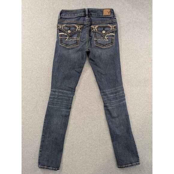 American Eagle Jeans Womens Size 2 Blue Skinny Embellished Flap Back Pockets - Picture 10 of 16